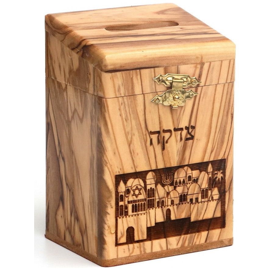 Israel Box Design Olive Wood Laser Cut Tzedakah Box Jerusalem Scene Hand Made in Israel ...