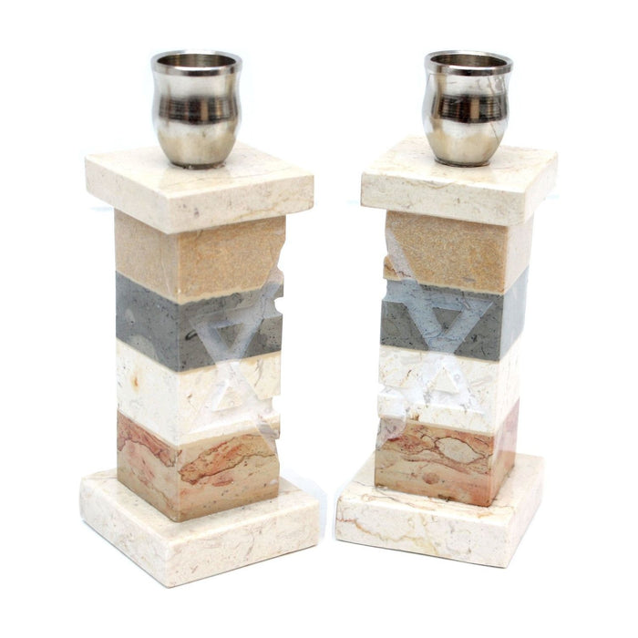 Jerusalem Stone Shabbat Candlesticks Star of David by Carmit Sabach