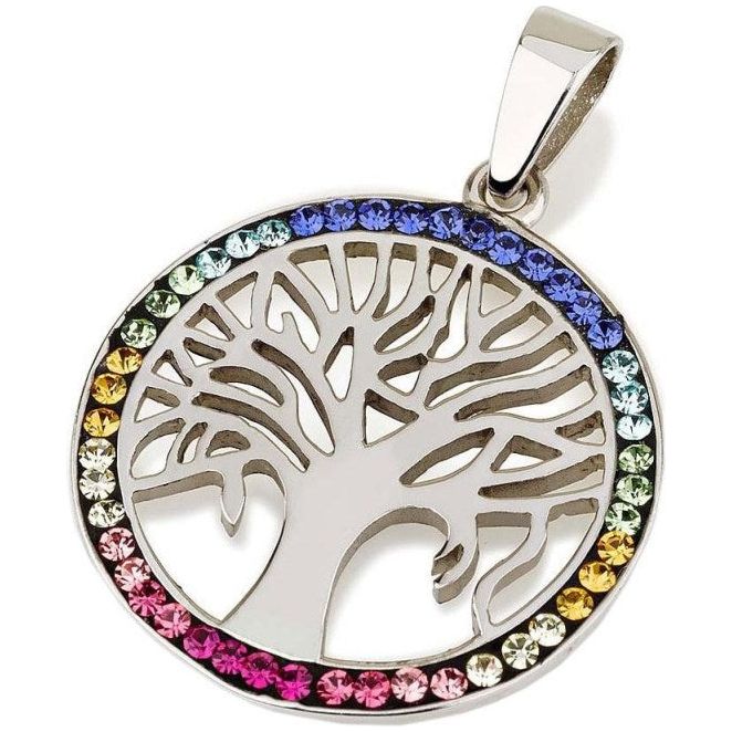 Multicolor Swarovski Crystals Tree of Life 925  Sterling Silver Pendant Necklace 18" Made in Israel