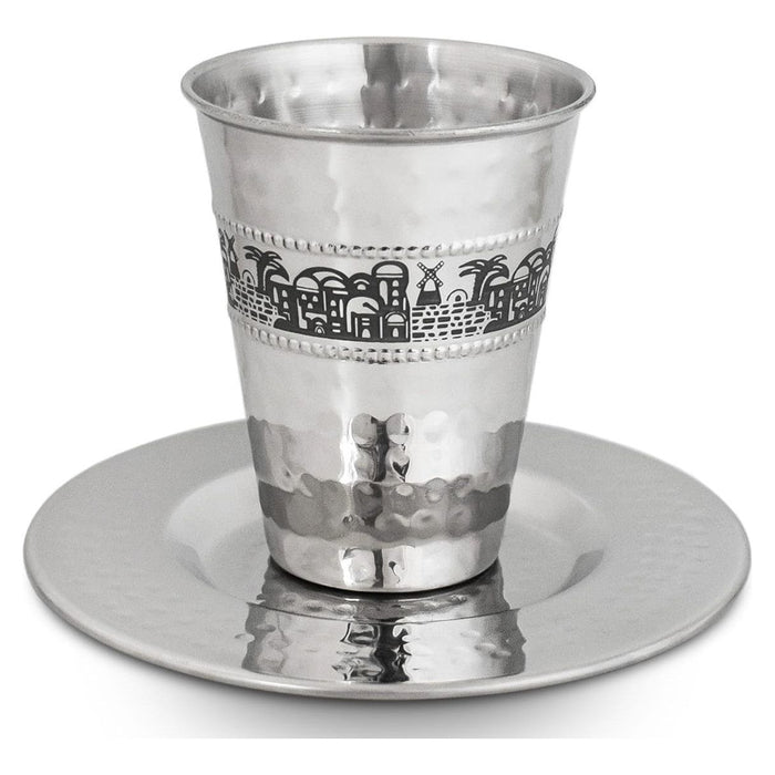 Jerusalem Scene Hammered Stainless Steel Kiddush Cup Becher with Saucer Made in India by Meir Cohen