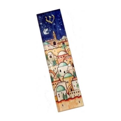 Dove Over Jerusalem Self Adhesive Mezuzah by Mickie Caspi Kosher Parchment included