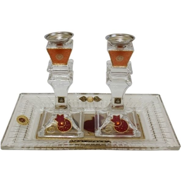 Artistic Shabbat Crystal Candlesticks Applique Red Pomegranates with Tray By Lily Art