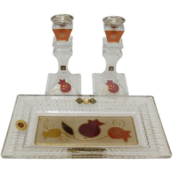 Artistic Shabbat Crystal Candlesticks Applique Red Pomegranates with Tray By Lily Art