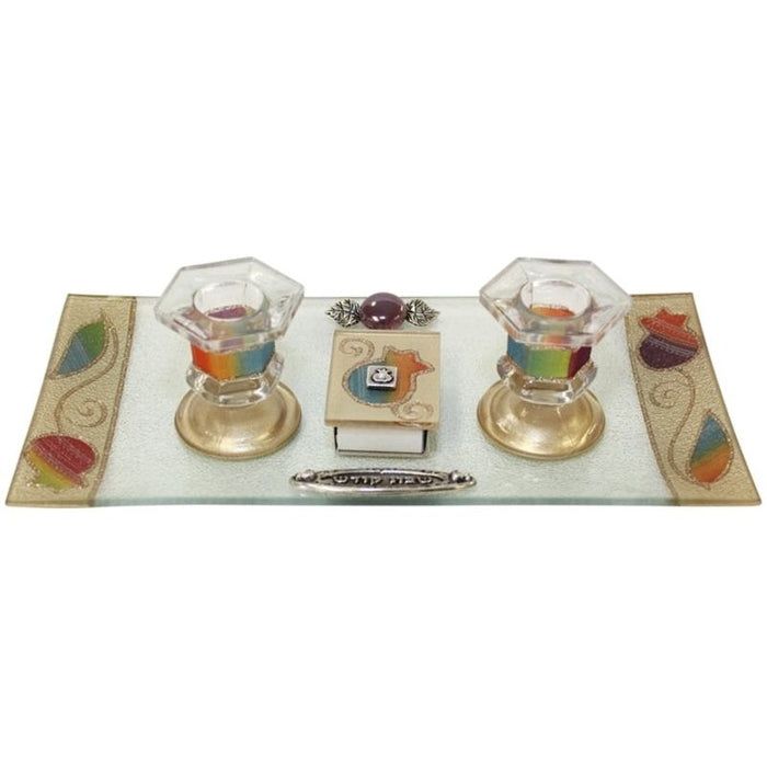 Artistic Glass Shabbat Candlesticks "Pomegranates Rainbow" with Tray & Matchbox By LIly Art