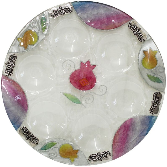 Decoupage Glass Passover Seder Plate "Pomegranates" 13" Made in Israel by Lily Art