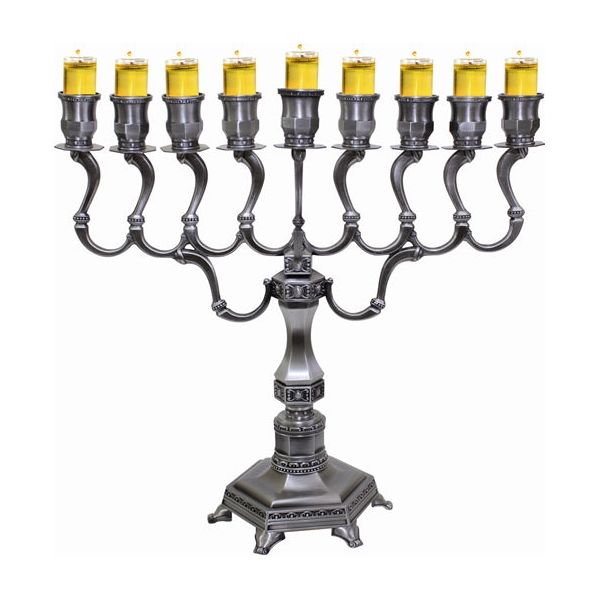 Chanukah Traditional Oil Menorah Pewter Color 14"