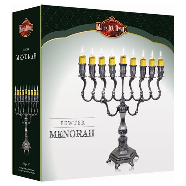 Chanukah Traditional Oil Menorah Pewter Color 14"