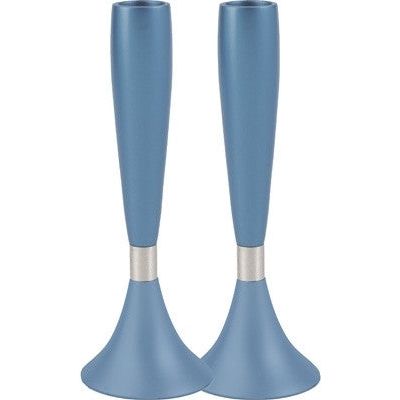 Anodized Brushed  Aluminum Shabbat Candlesticks 6.5" Tall in Blue Made in Israel by Emanuel