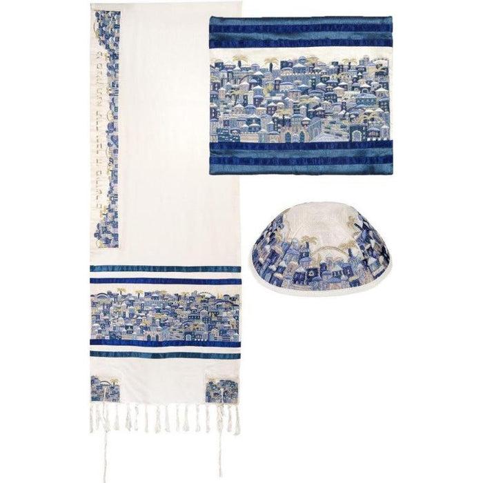 Embroidered Tallit Tallis set "Jerusalem Blue" Made in Israel By Emanuel