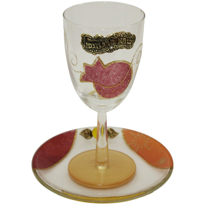 Glass Appliqued Tulip Kiddush Cup with Matching Coaster Plate