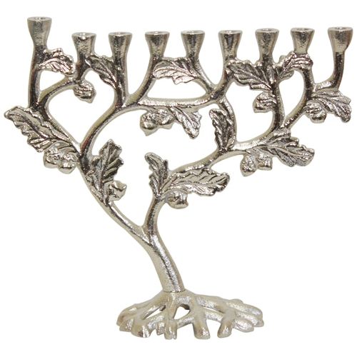 Chanukah Candle Menorah Oak Tree Nickel Plated 9.5"H