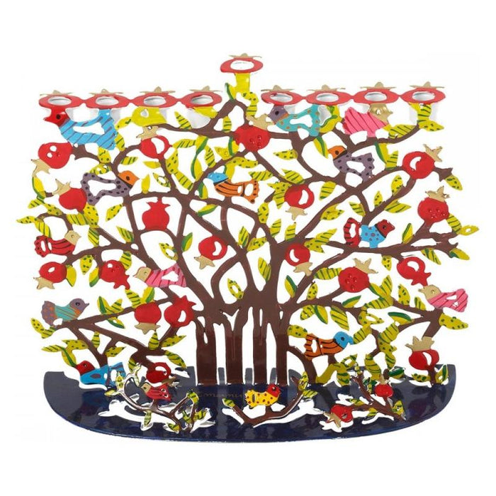 Chanukah Laser Cut Menorah Pomegranates and Birds Hand Painted by Emanuel in Israel