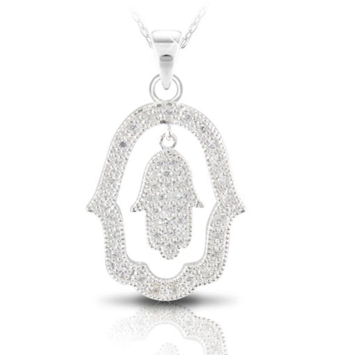 925 Sterling Silver CZ Hamsa Pendant 1.5" Necklace Made in Israel