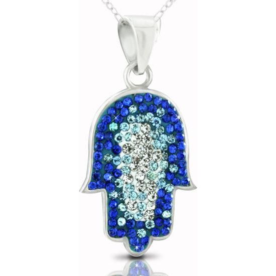 Multicolored Blue & White Swarovski Stones Hamsa 925 Sterling Silver Jewish Necklace