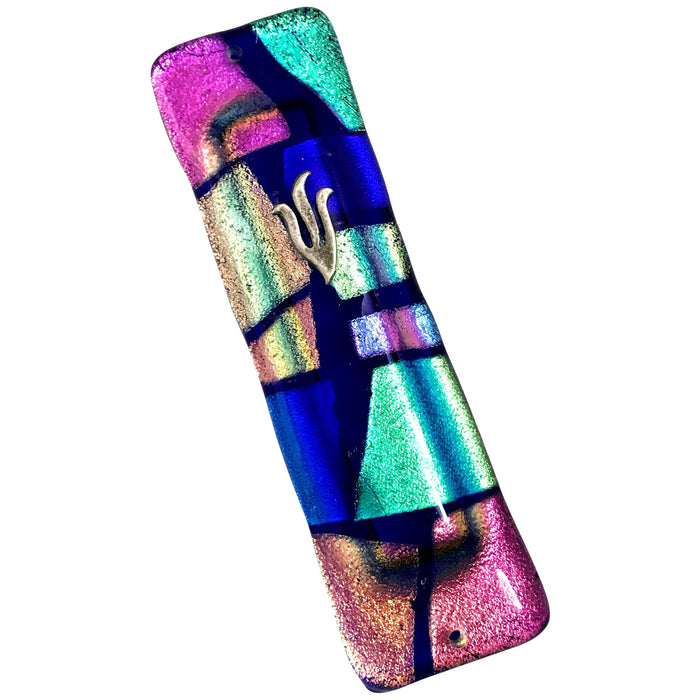 Art Deco Glass Designer Mezuzah "Mosaic Blue" By Tamara Baskin Kosher Parchment included