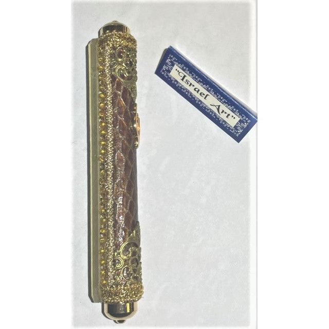 Oriental Mezuzah Leather Golden Lace Filigree Hand made by Eva Mishaan Kosher $50 parchment included