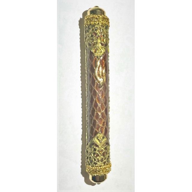 Oriental Mezuzah Leather Golden Lace Filigree Hand made by Eva Mishaan Kosher $50 parchment included