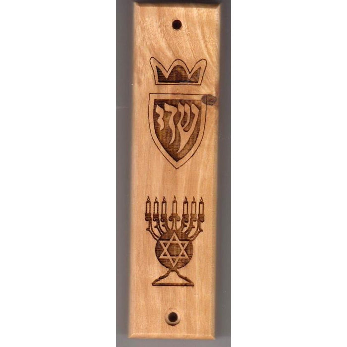 Laser-cut Olive Wood Mezuzah "Menorah / Star of David" 4.5" Kosher Parchment included