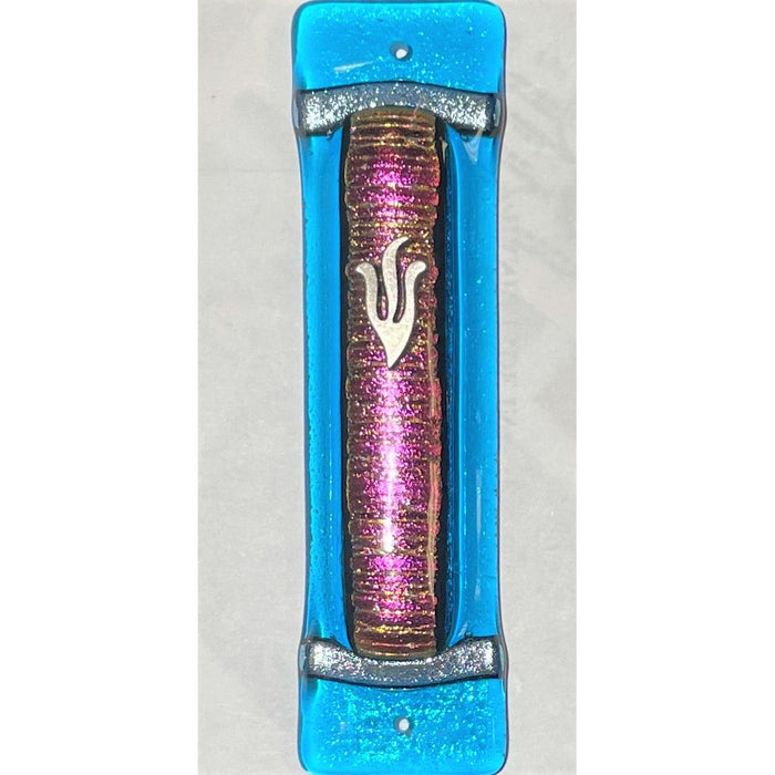 Art Deco Blue Glass Mezuzah Pink Accordion By Tamara Baskin Kosher Parchment Included