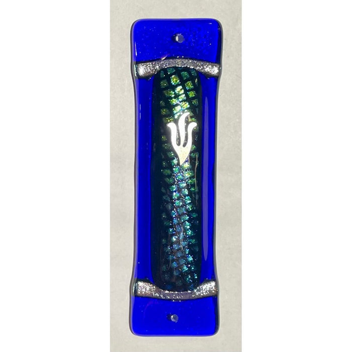 Art Deco Glass Mezuzah Sparkly Fish Scales in Cobalt By Tamara Baskin $50 Kosher Parchment Included