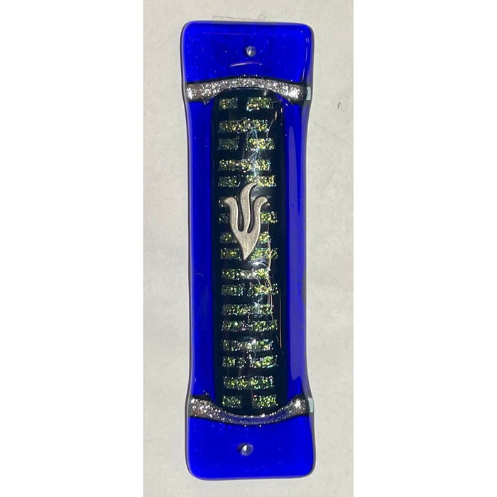 Art Deco Glass Mezuzah Shimmer Bricks in Cobalt By Tamara Baskin $50 Kosher Parchment Included