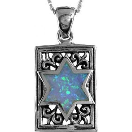 925 Sterling Silver and Opal Rectangle Star of David Pendant