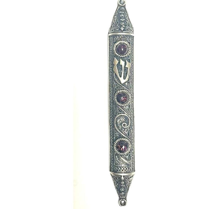 925 Sterling Silver Yemenite Filigree Mezuzah with Garnets Kosher Parchment included