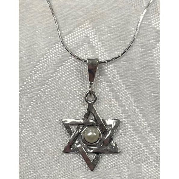 925 Sterling Silver Modern Star of David Pearl Pendant Necklace Made in Israel