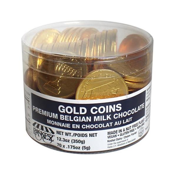 Chanukah Gelt Belgian Milk Chocolate Gold Coins in Tub Nut Free Kosher Dairy Milchig