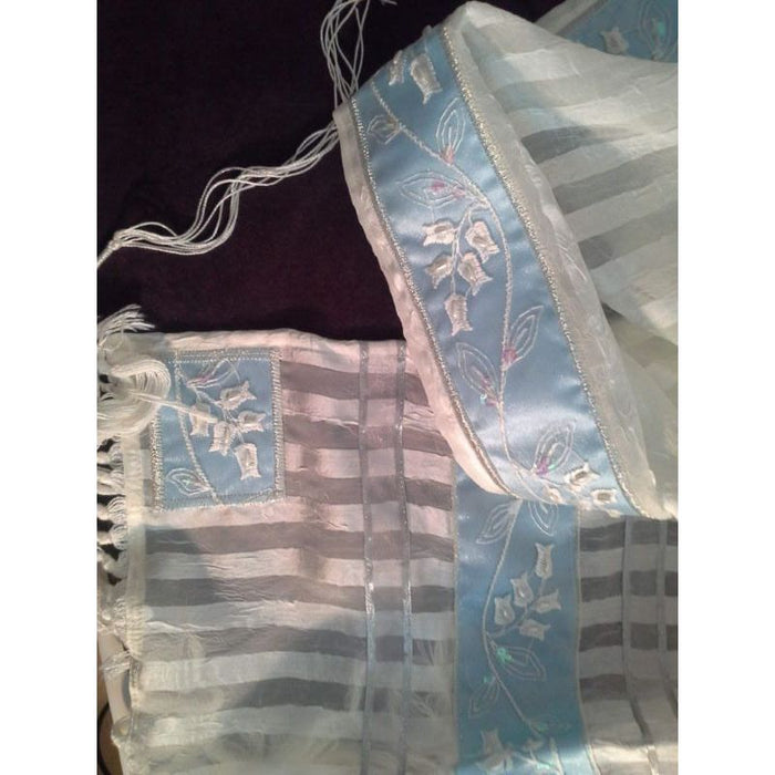 Lilies of Valley Matriarch Prayer Shawl Tallit / Talis With Bag Blue. By Precious Heirlooms