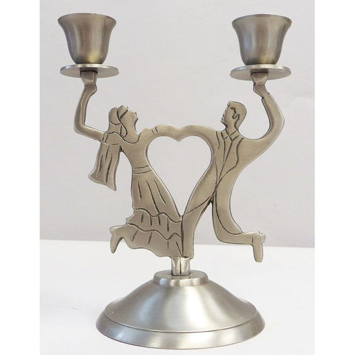 Antique Silver Dancing Bride & Groom / Heart 2 Light Shabbat Candlesticks Stainless steel