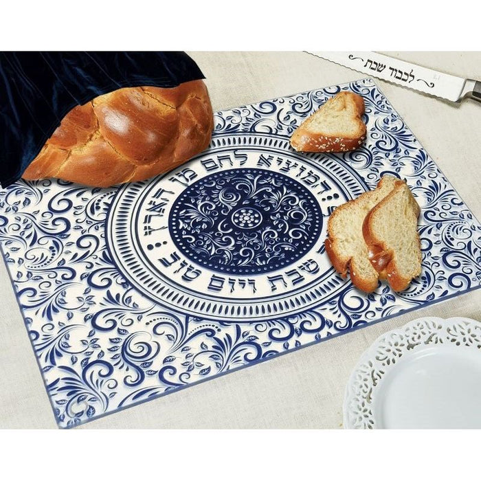 Tempered Glass Challah Board Tray Blue Damask Pattern