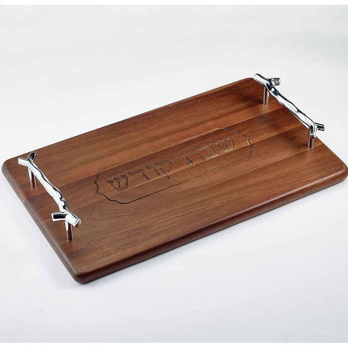 Shabbat Challah Serving Tray in Rare Acacia Wood With Silverton Handles