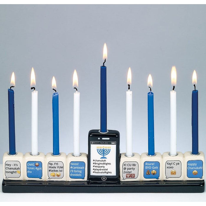 Hand Painted Chanukah Ceramic "Texting Menorah" 11.25" l x 1.75" w x 3.50"