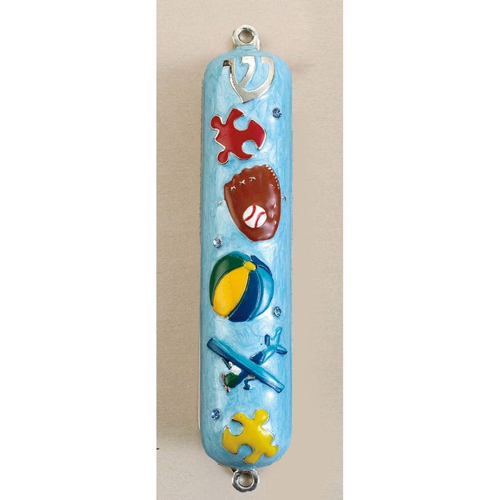 Boy's Enameled Mezuzah with Rhinestones 5" Kosher $50 Parchment included Perfect for Playroom