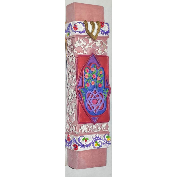 Floral Hamsa Colorful Hand Painted 3D Mezuzah 3.75' by Reuven Masel Kosher $45.00 Parchment included