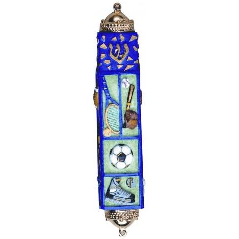 Multi Spots Mezuzah Blue Hand Painted Mezuzah 4" x 1" Kosher Parchment included