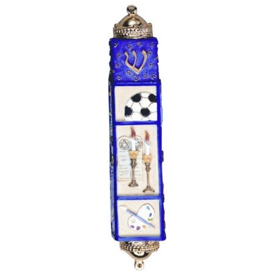 Girl's Sports Arts Jewish Symbols Hand Painted 3D Mezuzah by Reuven Masel Kosher Parchment included