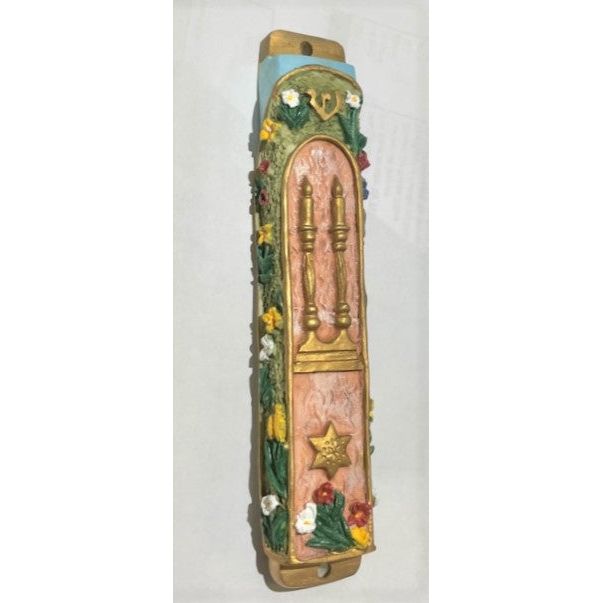 Shabbat Candles Floral Hand Painted 3D Mezuzah 5.75" by Reuven Masel Kosher $42.00 Parchment include