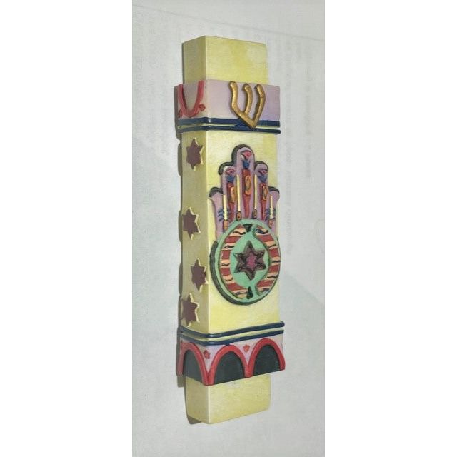 Hamsa Colorful Hand Painted 3D Mezuzah 3.75' by Reuven Masel Kosher $42.00 Parchment included