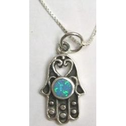 925 Sterling Silver / Opal Crystals Hamsa Pendant with Venetian Chain