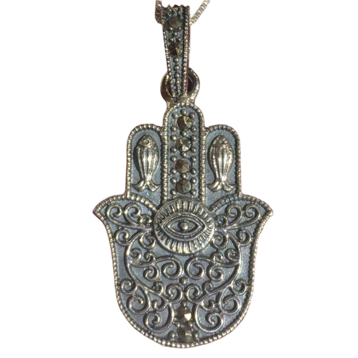 925 Sterling Silver & Marcasite Antique Hamsa FISH Pendant Necklace Made in Israel