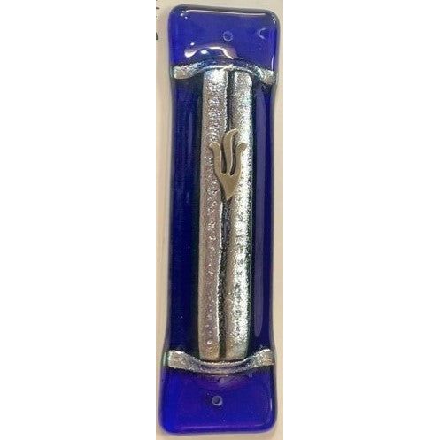 Art Deco Glass Mezuzah Parting of the Sea Blue Silver By Tamara Baskin Kosher Parchment Included