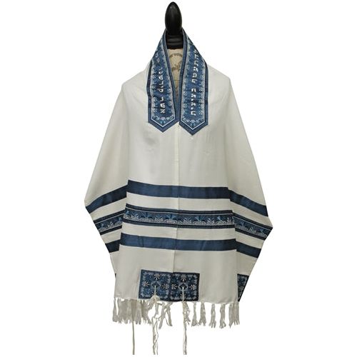 Embroidered Tallit Tallis Set Blue Floral 20" x 75" Made in Israel By Emanuel