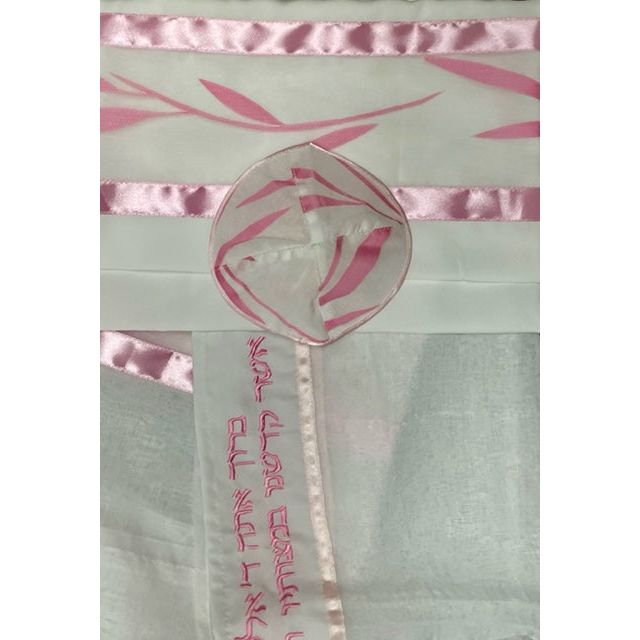 Pink Stripes & Palm Leaves Sheer Poly Women's Tallit Set Hand Made in Israel