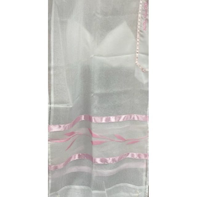 Pink Stripes & Palm Leaves Sheer Poly Women's Tallit Set Hand Made in Israel