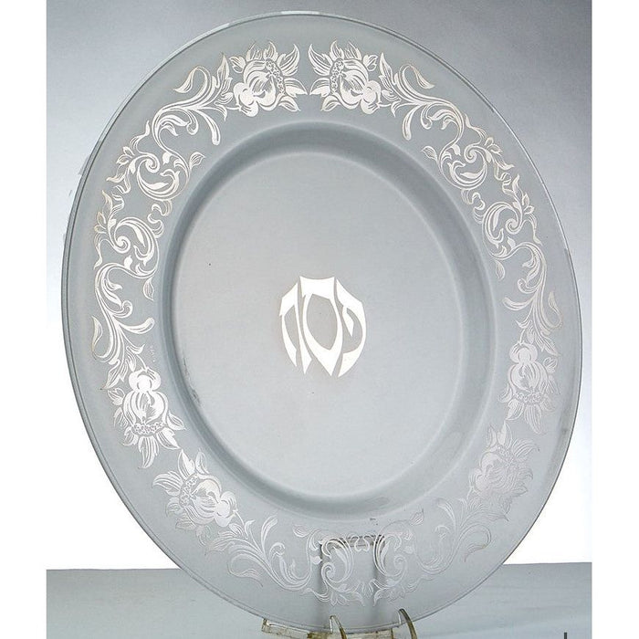 sold out Artistic Glass Round Passover Plate "PESACH" With Silver Floral Motif