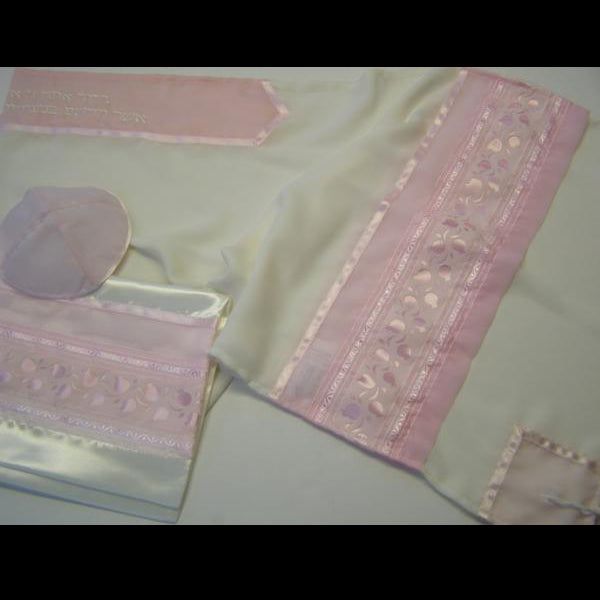 Designer Women's Girls Tallit - Talis Pink Pomegranate Set of 4 100% Silk Hand Made By Galilee Silks