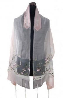 Floral Embroidery Light Rose Grey Tones Silk Tallit Tallis Prayer Shawl Set Hand Made By Ronit Gur