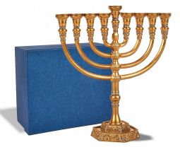 Intricately Detailed in Gold Jeweled Temple Chanukah Menorah in Gift Box